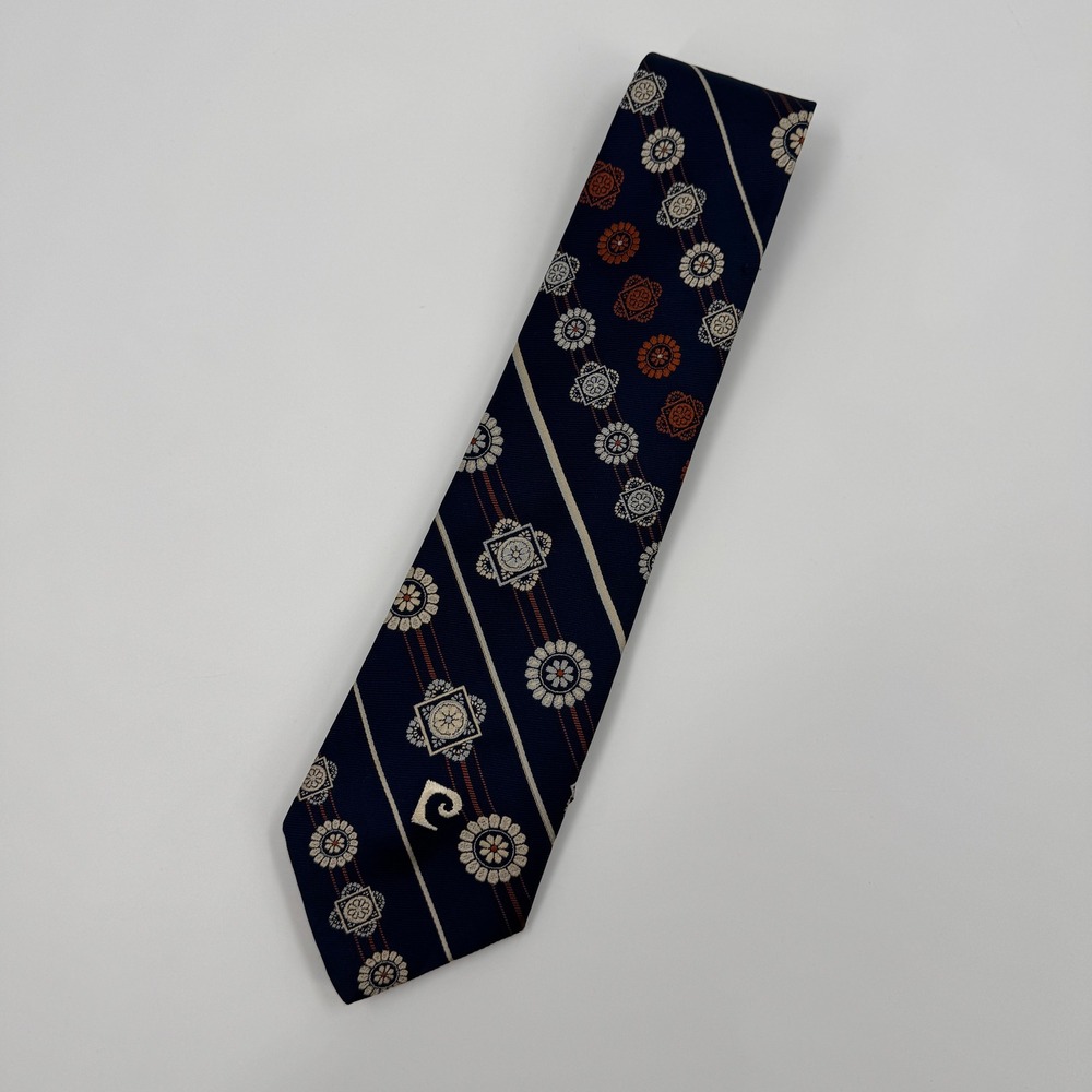 Pierre Cardin Vintage Navy Blue‎ Silk Medallion Striped Geometric Necktie 70's